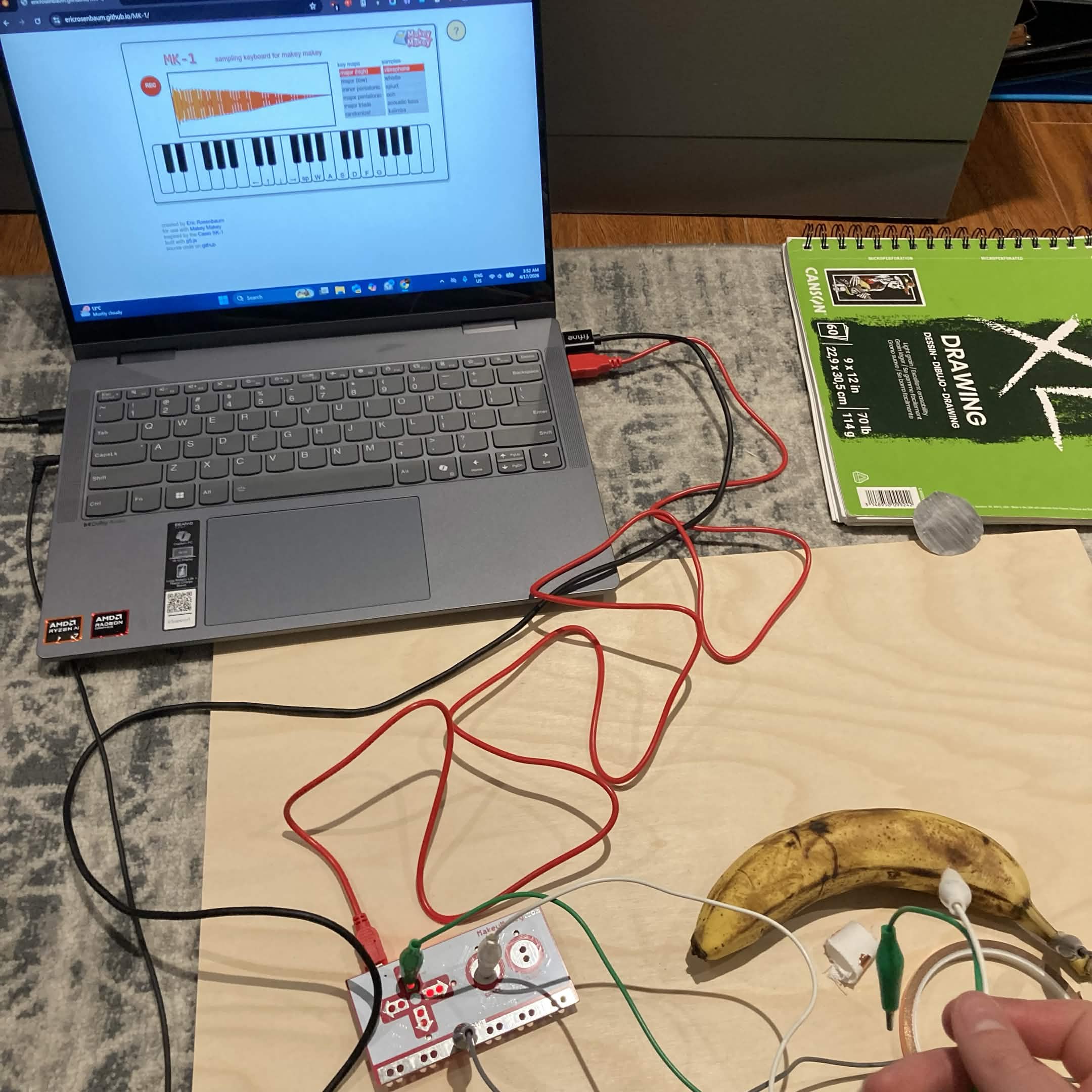 Makey Makey piano example with alligator clips and banana